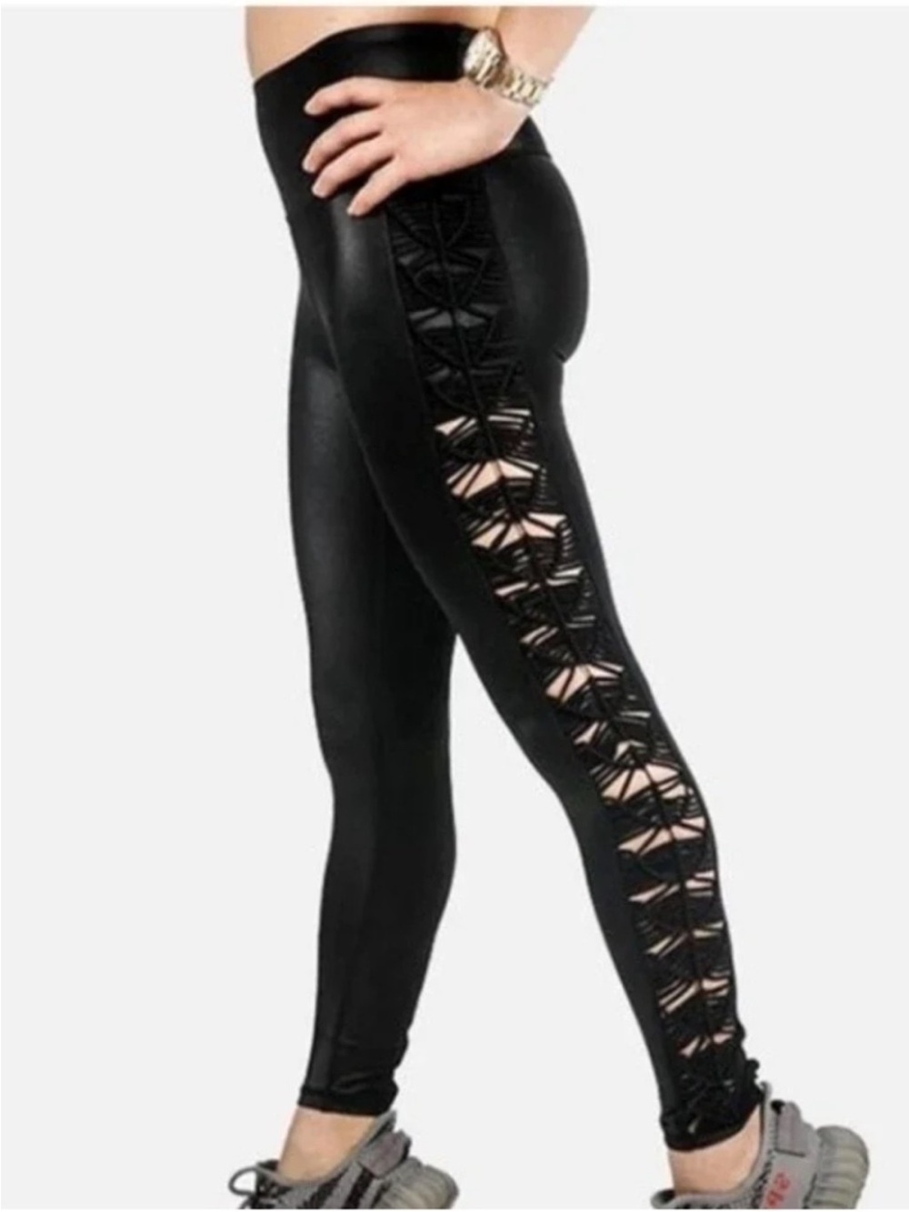 STYLE REFORM Women'S Black metallic Cut out Side Panel Leggings XS